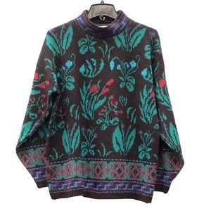 Jamenite VTG 80s Knit Floral Drop Shoulder Long Sleeve Pullover Sweater EUC M